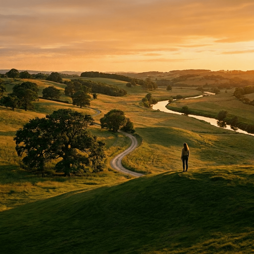 Rolling hills with a winding road, stone farm buildings, and a river at sunset.