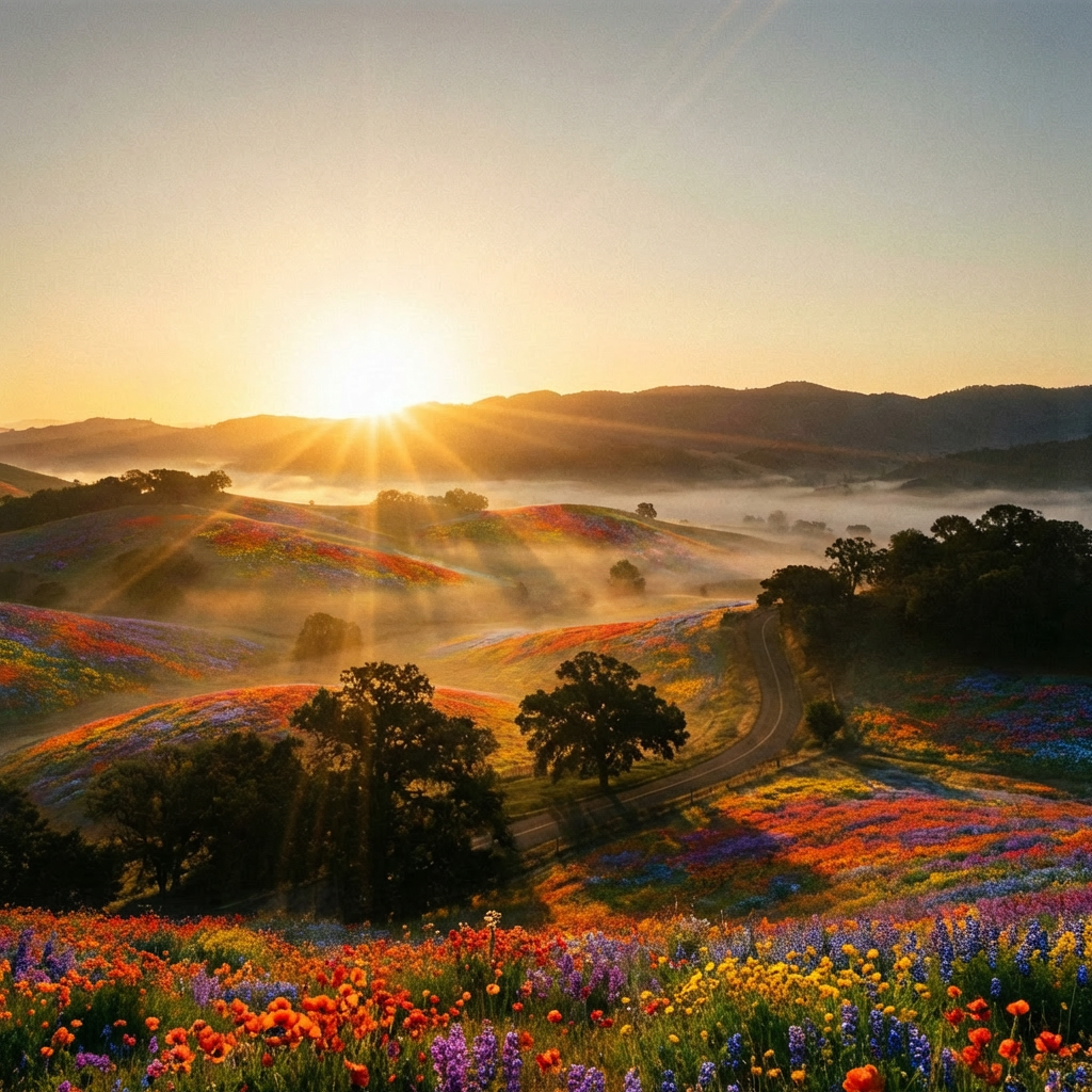 Sunrise over rolling hills with morning fog and sunbeams casting long shadows.