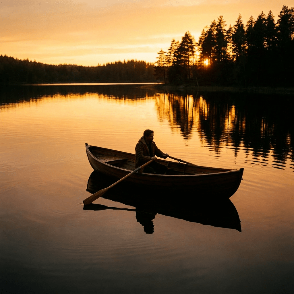 A man rowing a wooden boat on a calm lake at sunset.