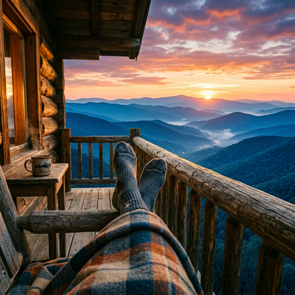 Person's feet in colorful socks resting on wooden porch railing of mountain cabin during sunrise