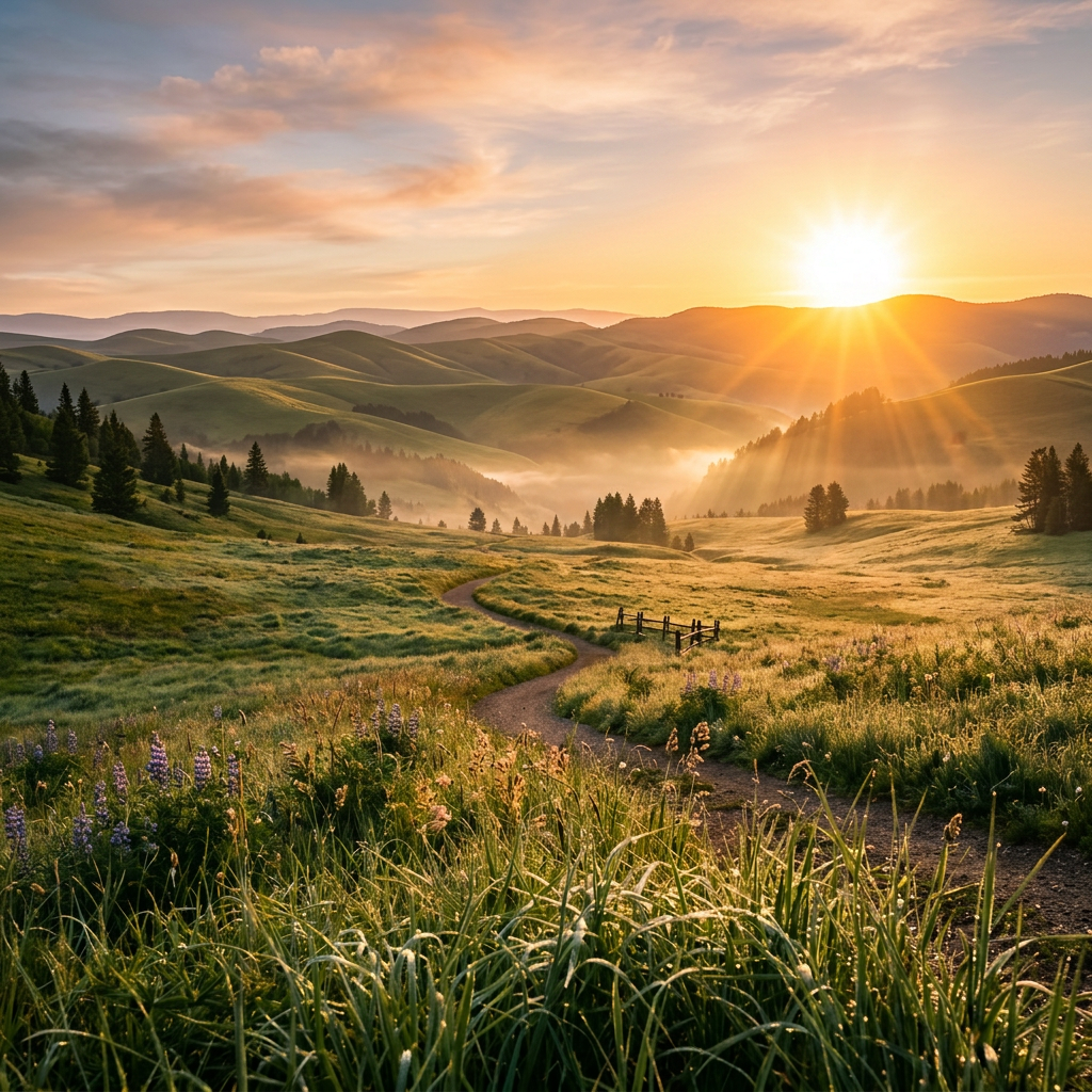 Winding dirt path through green meadow with wildflowers, trees, and misty mountains at sunrise