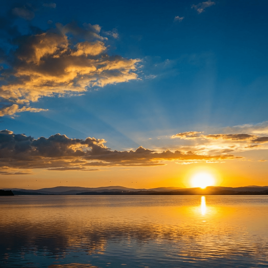 Sunset over a calm lake with golden clouds and distant mountains