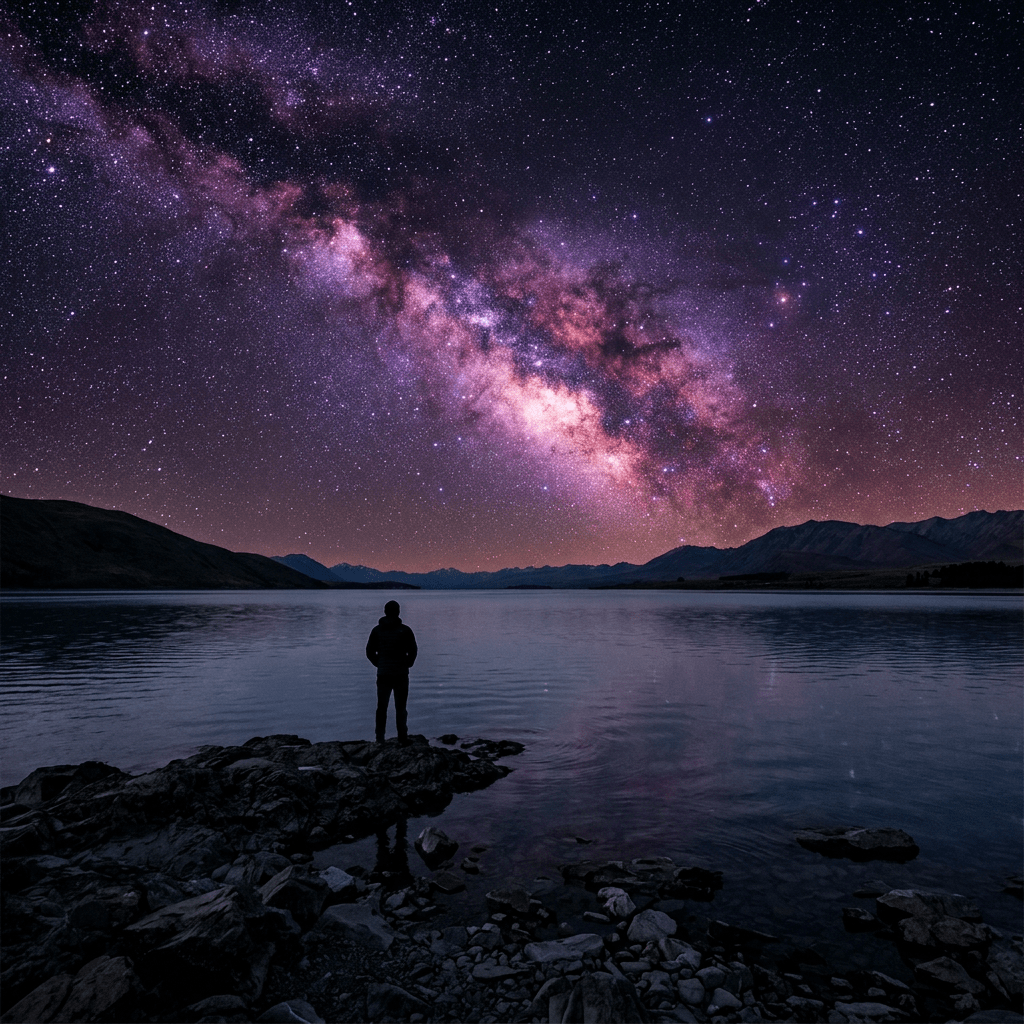 Person standing on rocky shore looking at Milky Way galaxy over lake