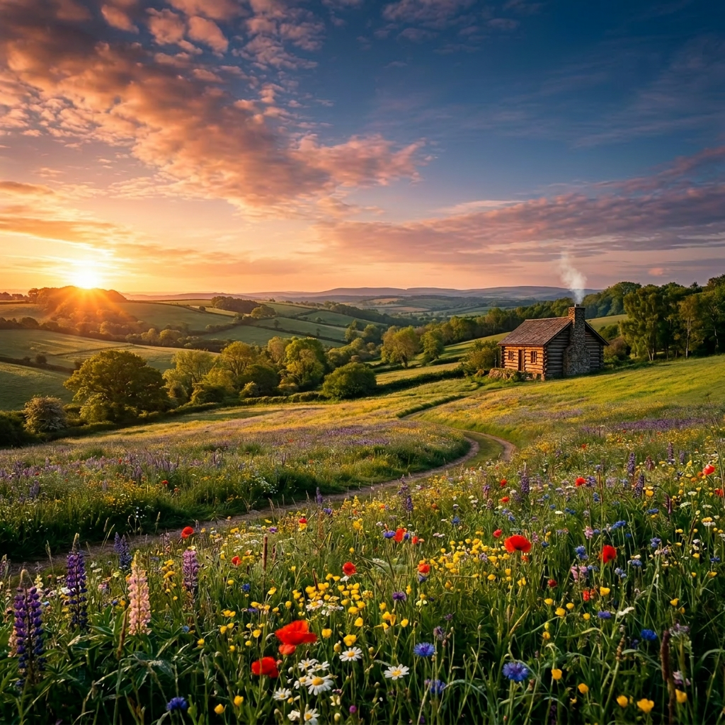 Colorful wildflower meadow with a winding dirt path, green hills, a stone cottage, and sheep grazing