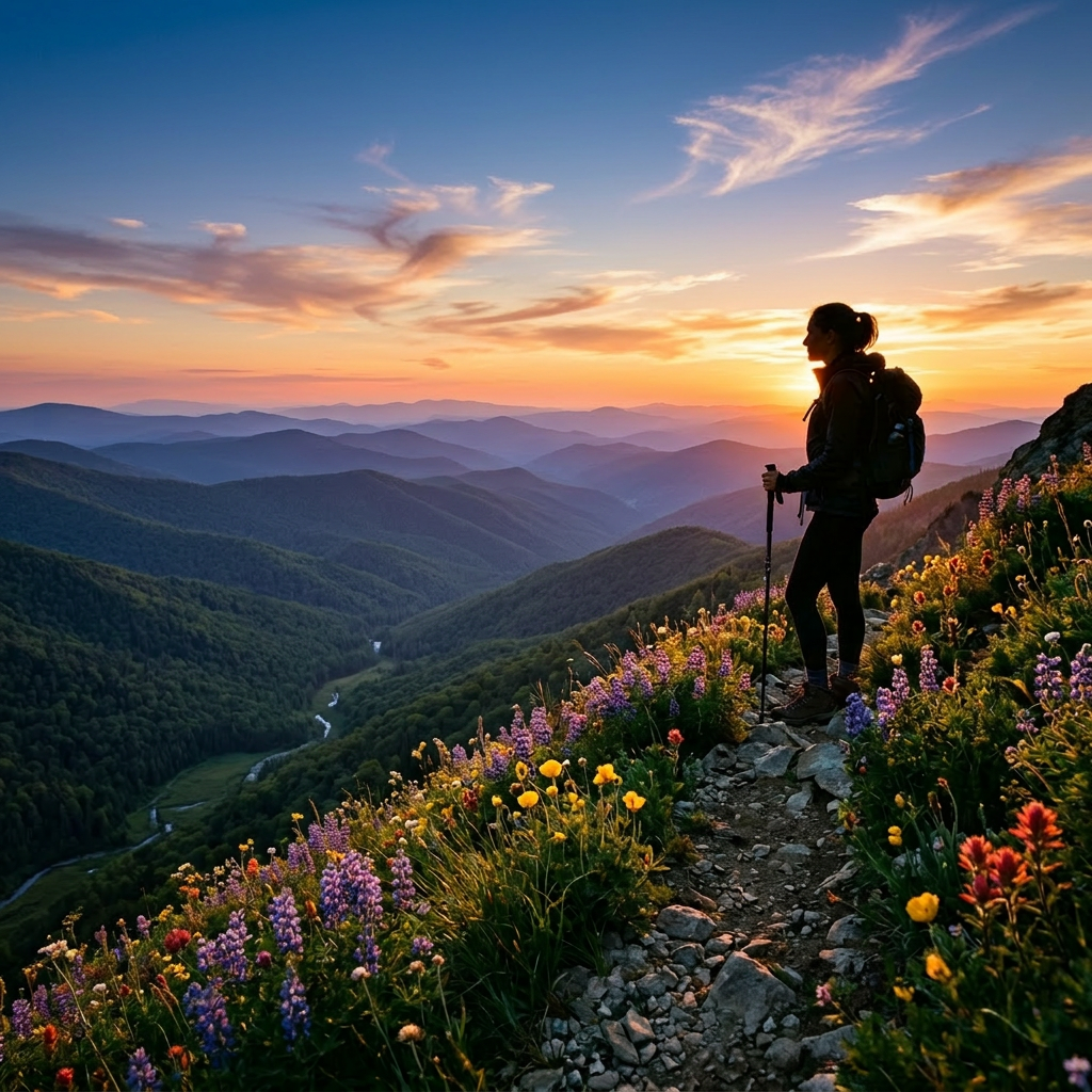 Hiker with backpack on rocky trail surrounded by wildflowers and mountains at sunset
