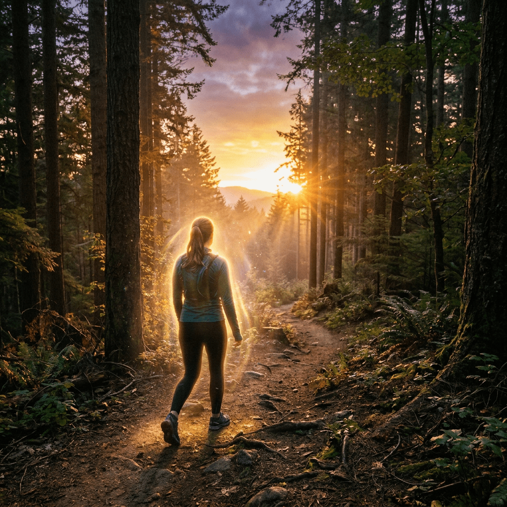 Woman hiking on forest trail at sunset with sun rays through trees