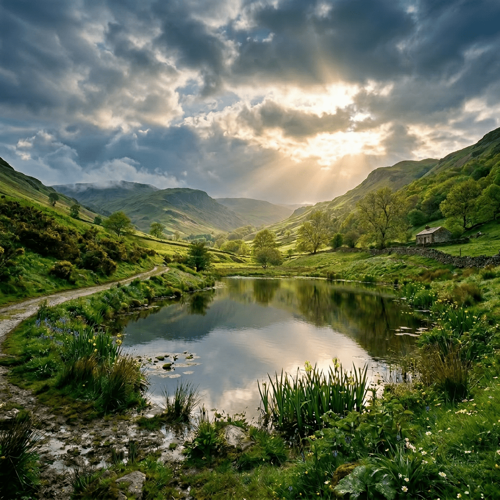 Sunset over peaceful lake in green valley with hills and cottage