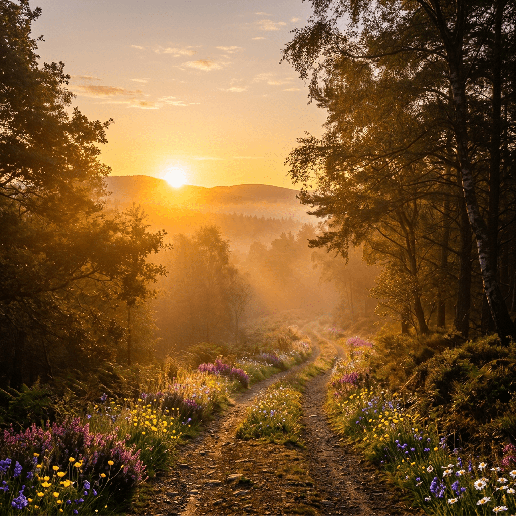 Winding dirt trail through forest with sunlight filtering through mist and trees