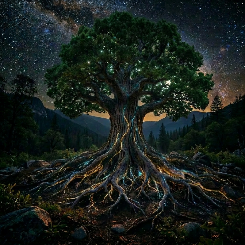 Cross-section of a glowing tree stump with illuminated blue and orange roots under the Milky Way