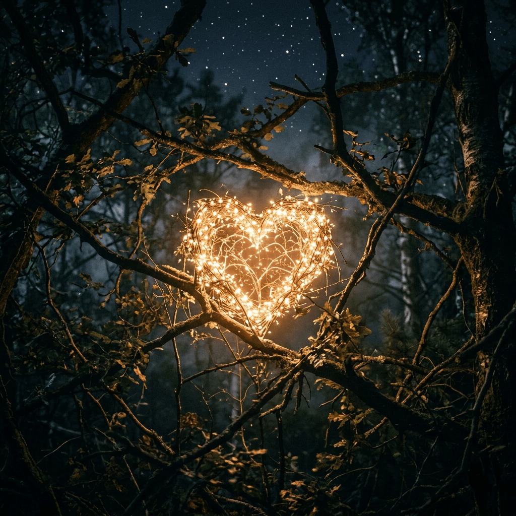 Heart-shaped string lights glowing on tree branches under a starry night sky