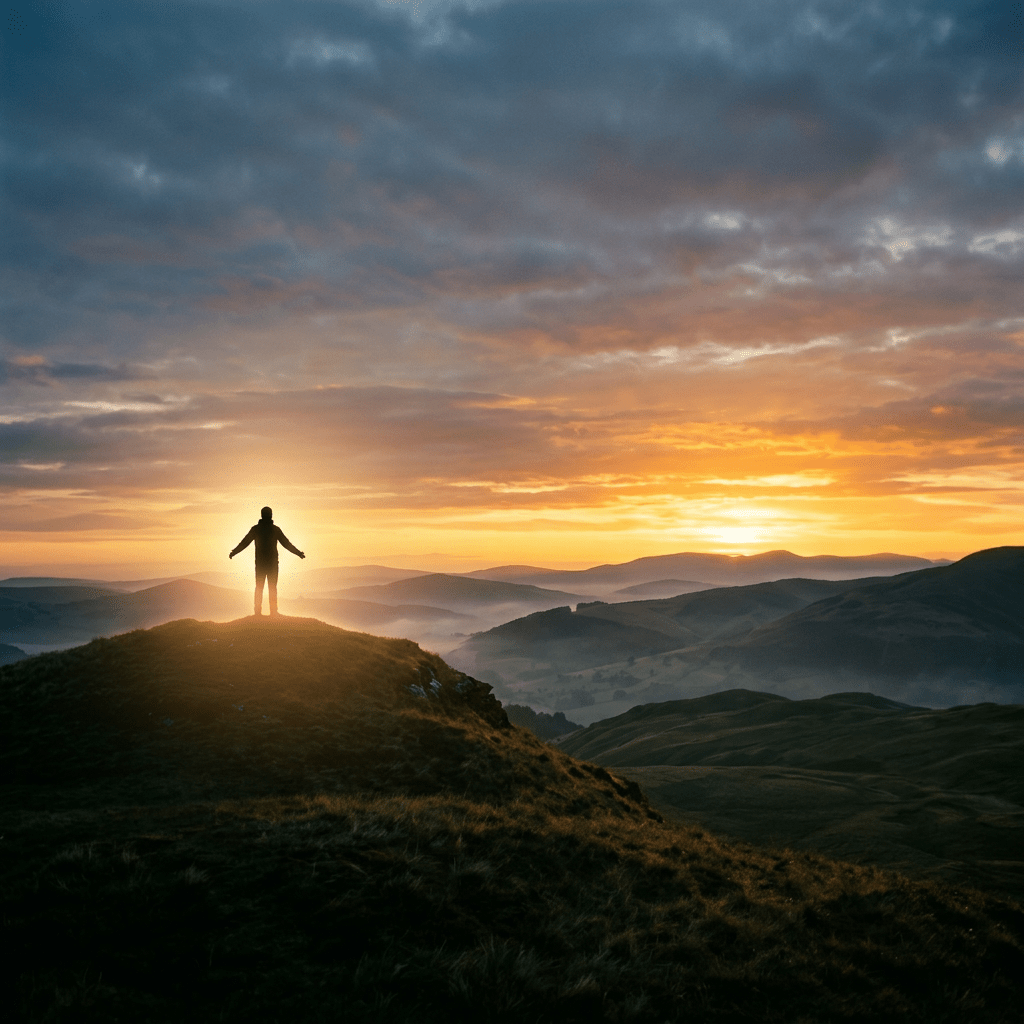 Person standing on a hilltop with arms slightly outstretched, illuminated by a bright beam of sunlight at sunrise over rolling hills.