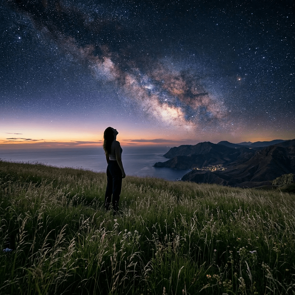 Person silhouetted against starry night sky with Milky Way over coastal mountains