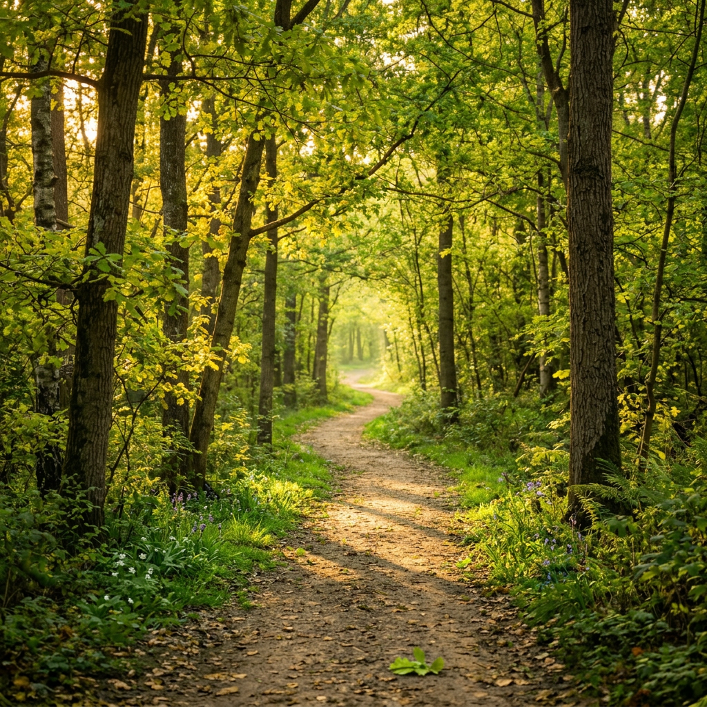 Winding dirt path through forest with autumn leaves and sunlight