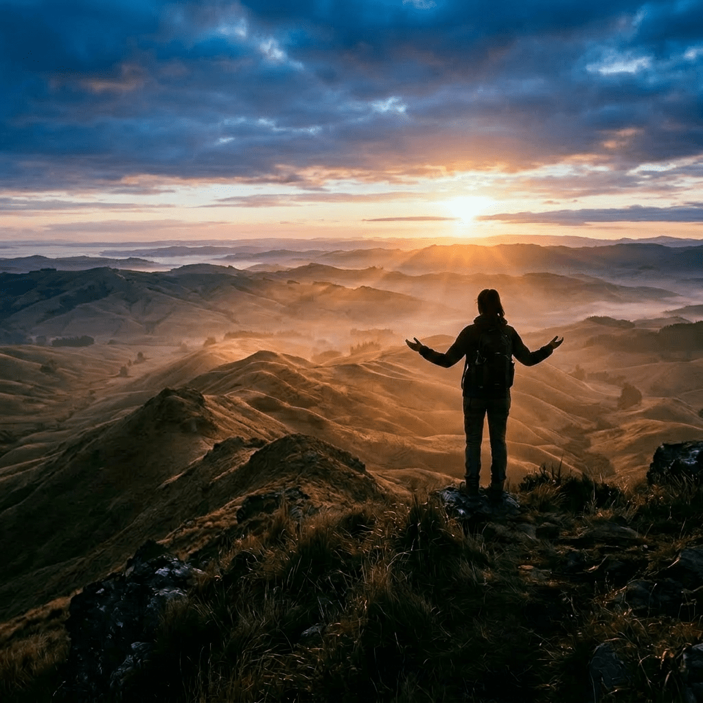 Person standing on rocky mountain top overlooking misty hills at sunrise