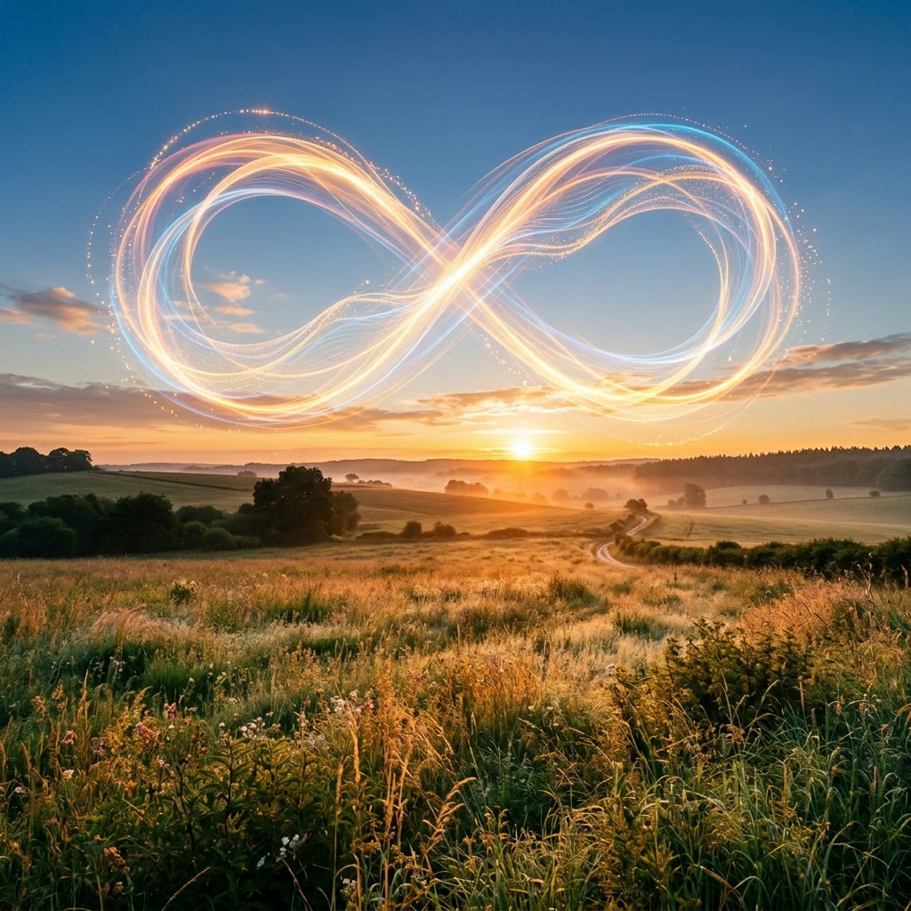 Glowing infinity symbol above a rural field at sunset with winding path and trees