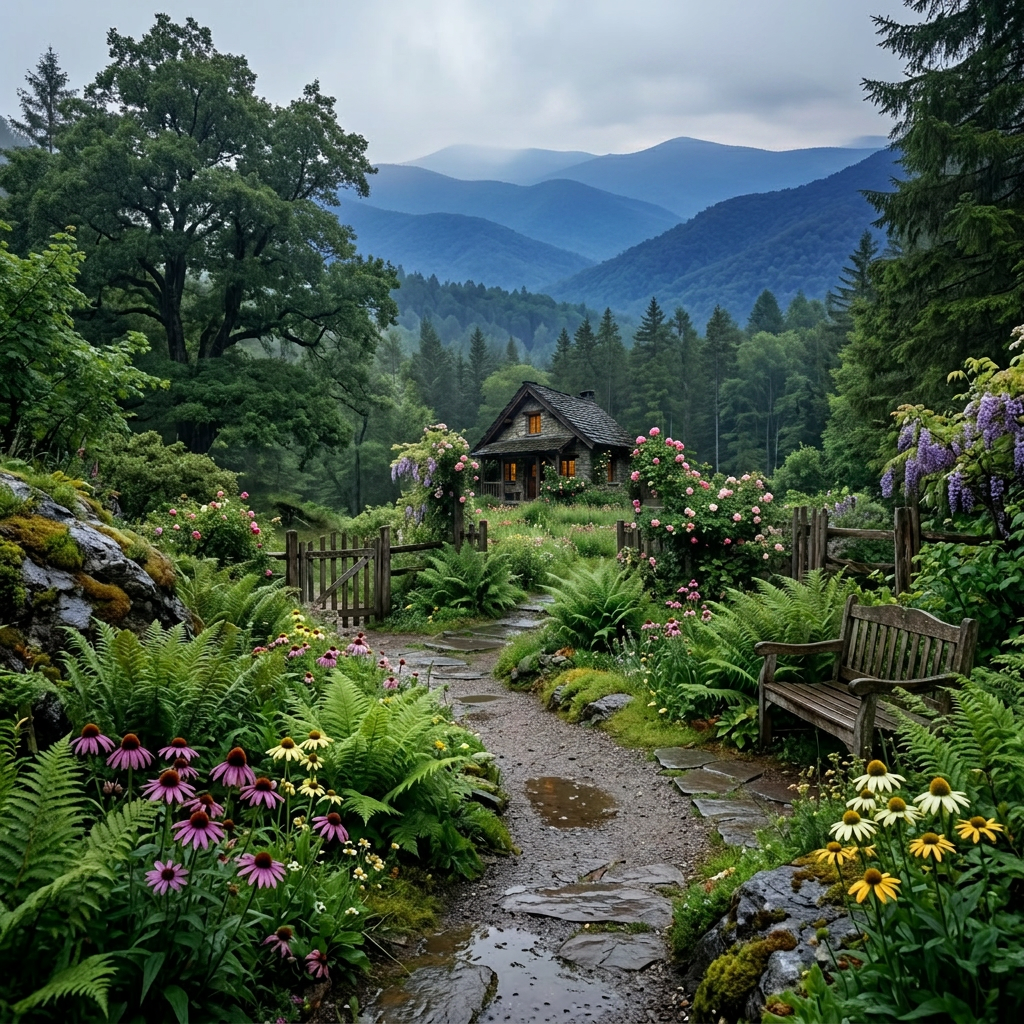 Stone cottage enveloped by vibrant flowers and greenery along a wet pathway