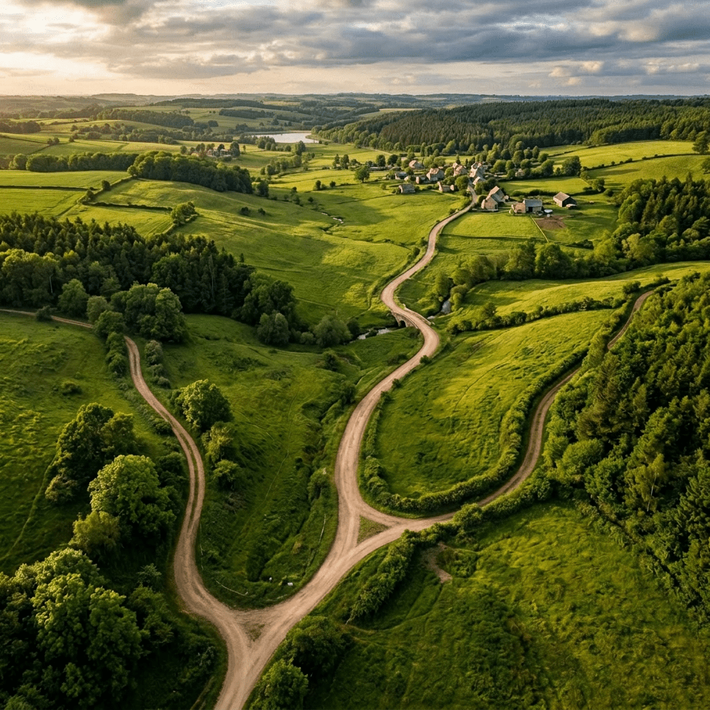 Curving dirt roads passing through green fields and trees towards a village.
