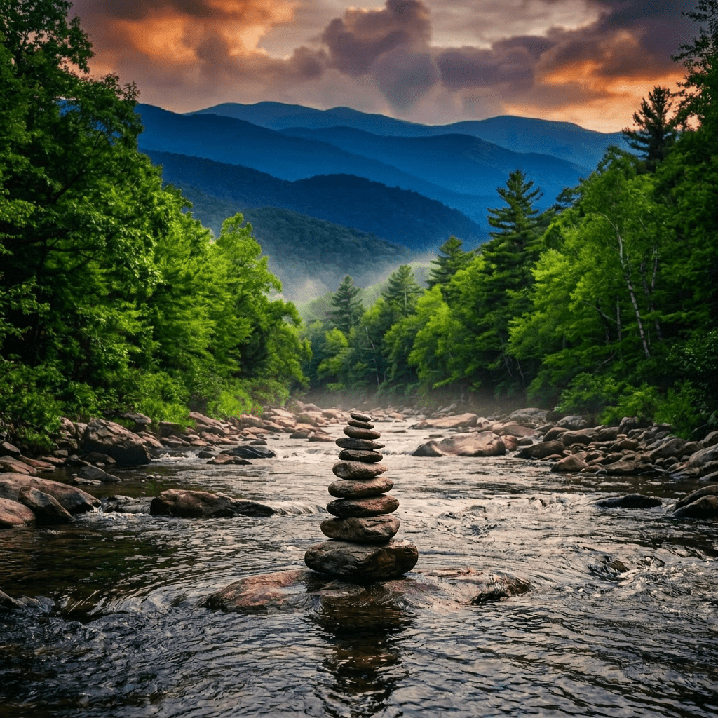 Stacked stones balanced on a rock in the middle of a flowing river with forest and mountains in background