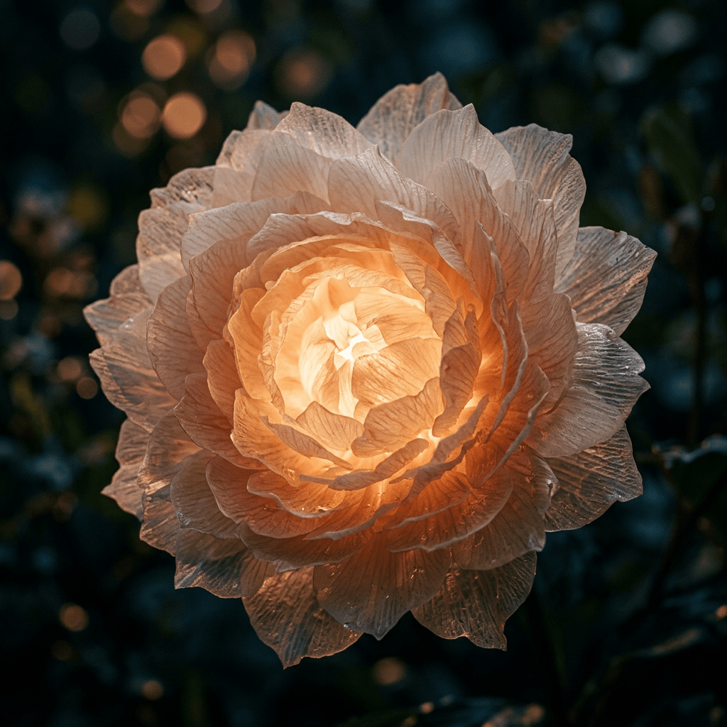 A glowing flower with delicate translucent petals illuminated from within