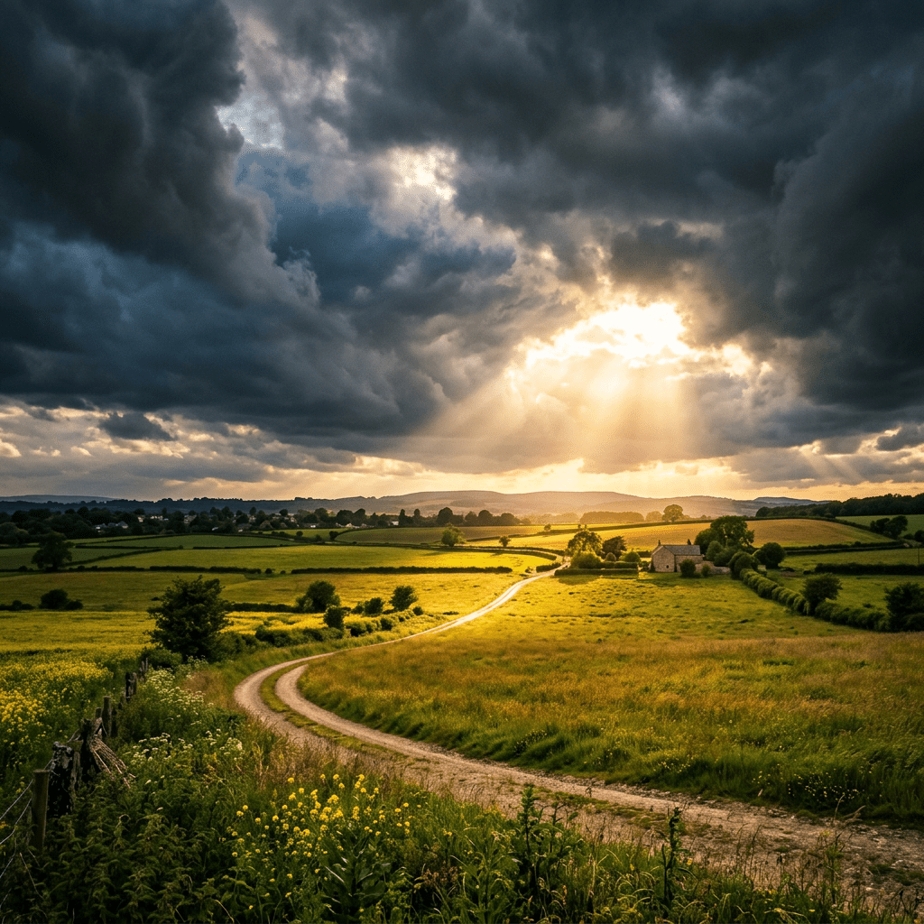 Winding dirt road through green fields with sun rays shining through dark clouds