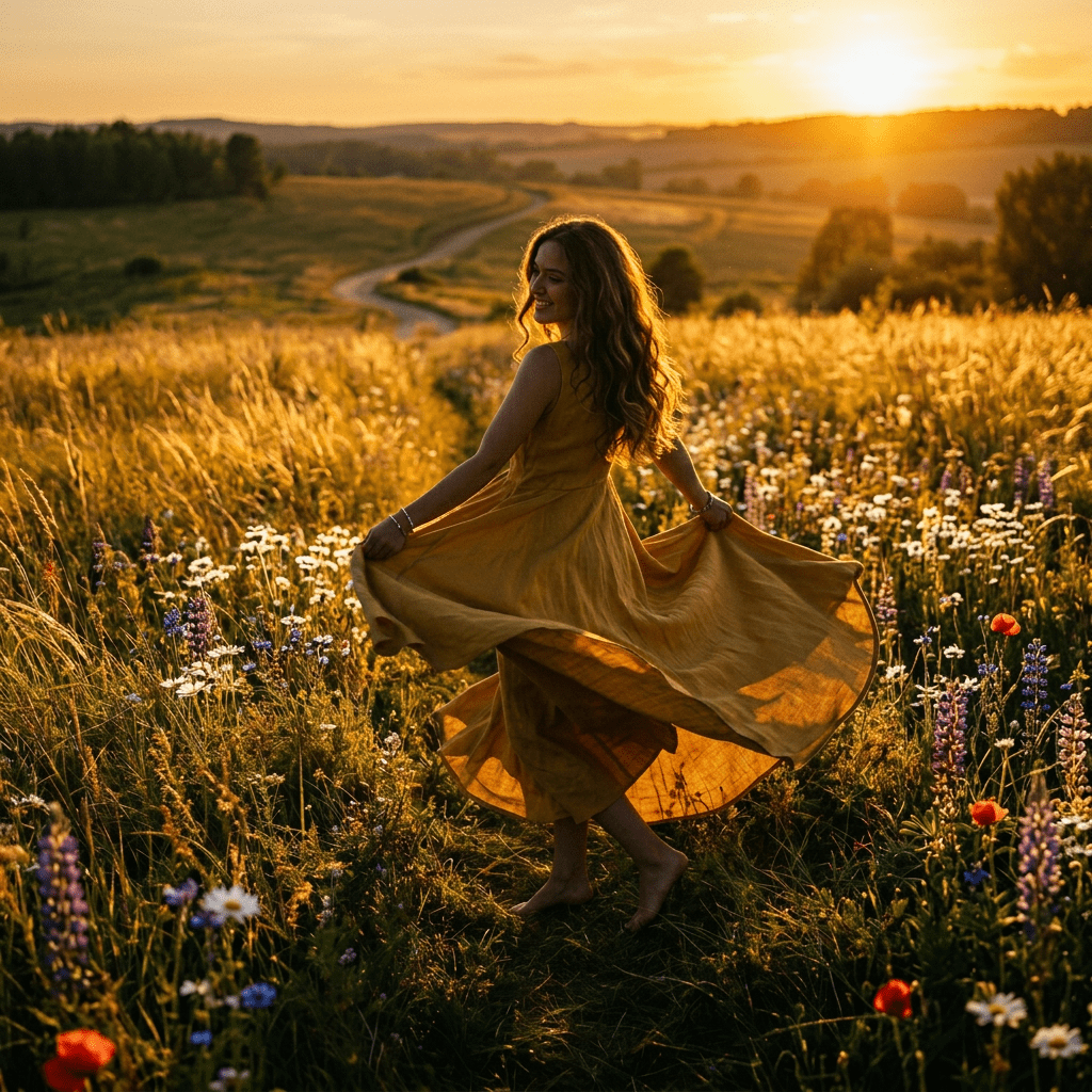 Woman in yellow dress twirling barefoot in a meadow during golden hour