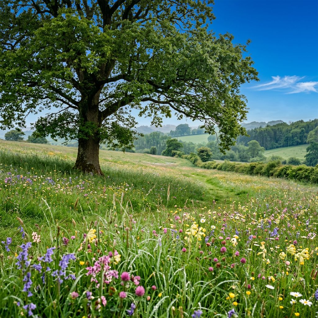 Wildflower meadow with tall grass and a large oak tree under a cloudy sky
