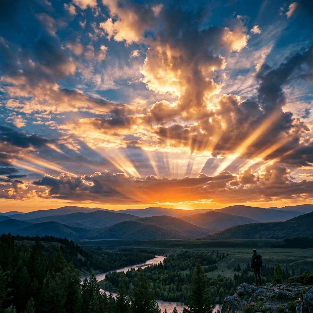 Sunset over mountains with sun rays shining through clouds above a winding river and forested valley
