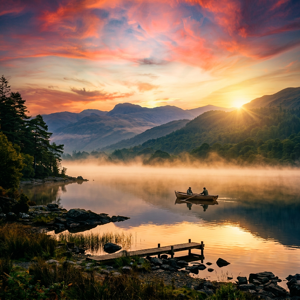 Mountain lake with mist, wooden dock, trees, and boat at sunrise