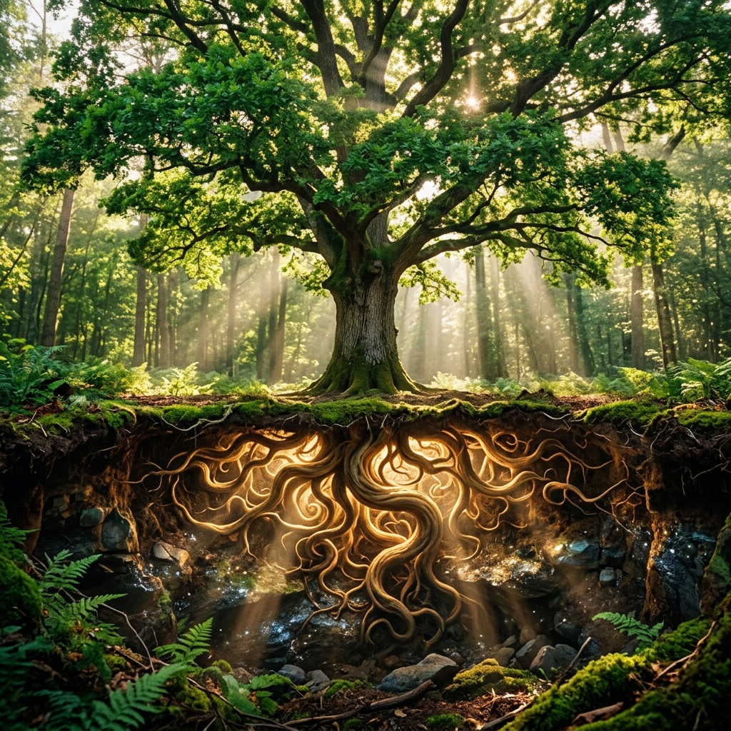 Large tree with intricate glowing roots illuminated underground in a sunlit forest