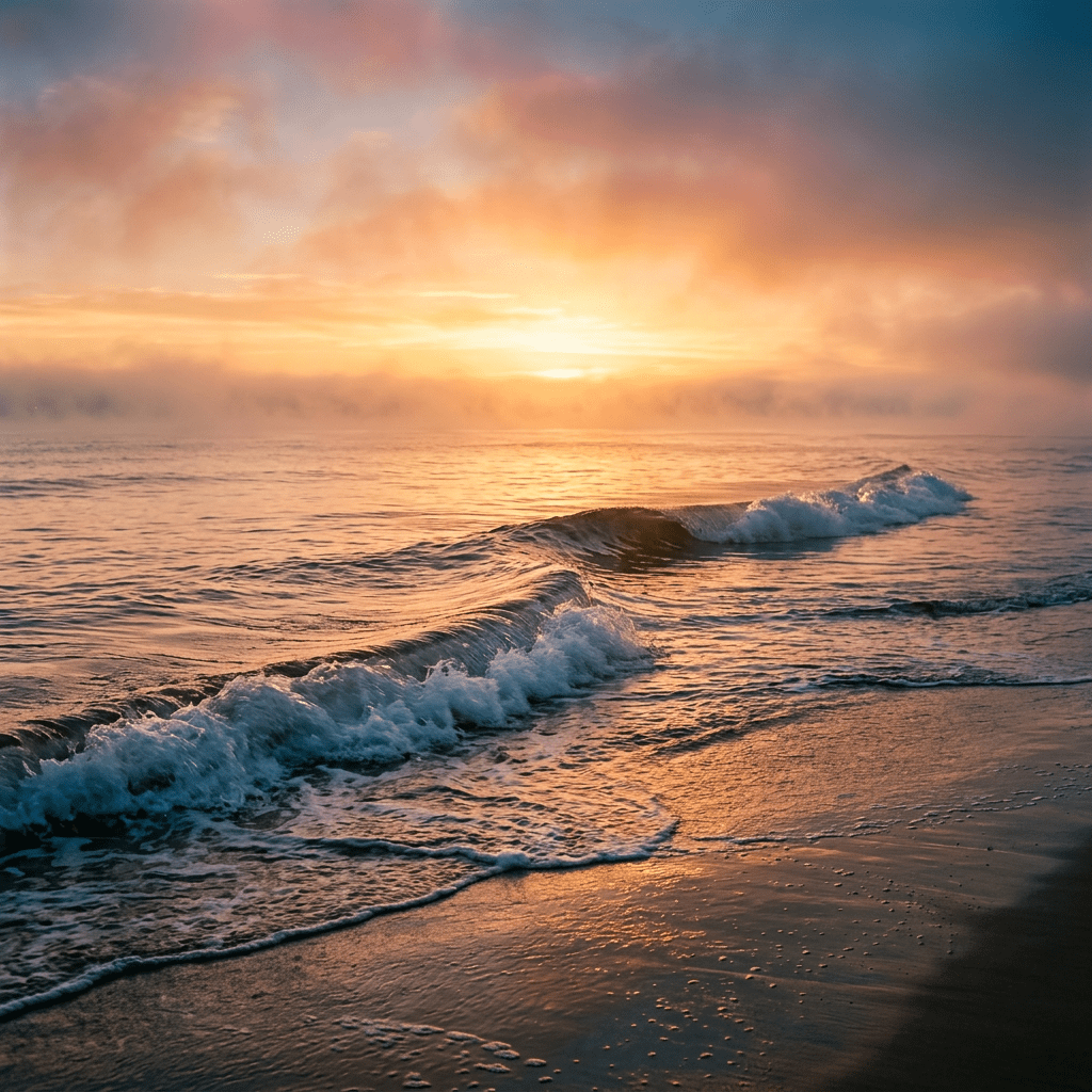 Ocean waves gently crashing on beach shore at sunset
