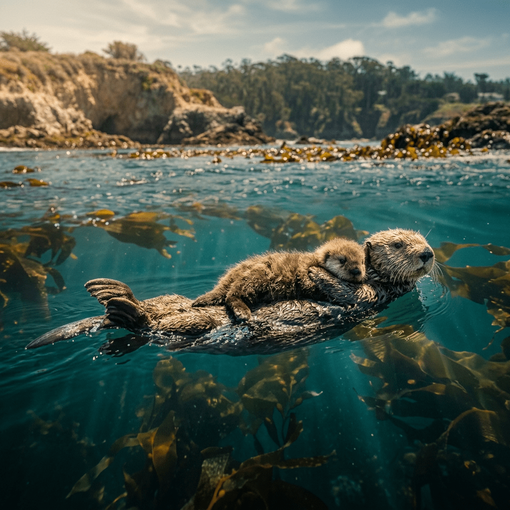 Sea otter floating on water with pup resting on its chest