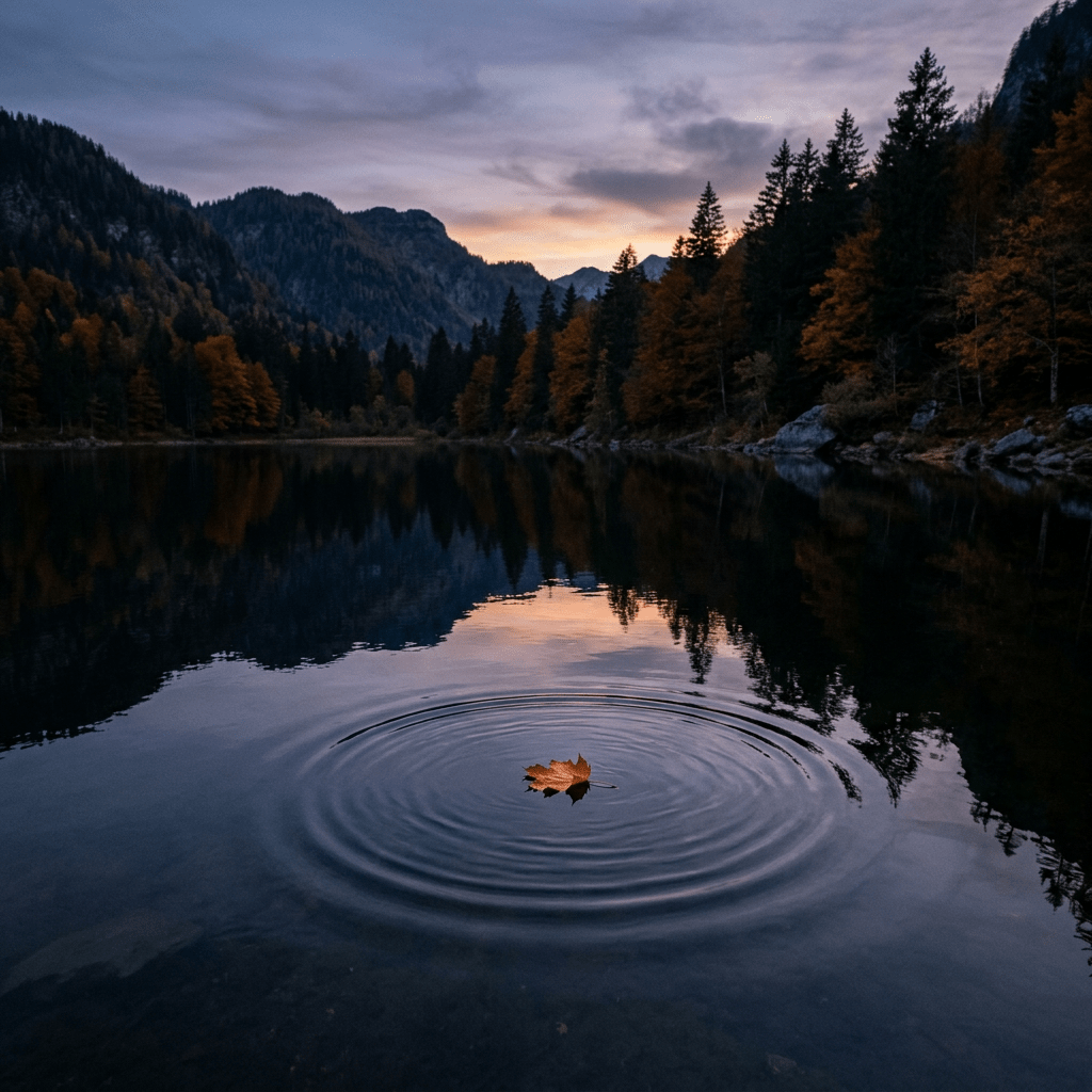 Autumn leaf floating on still lake water with forest and mountains at sunset