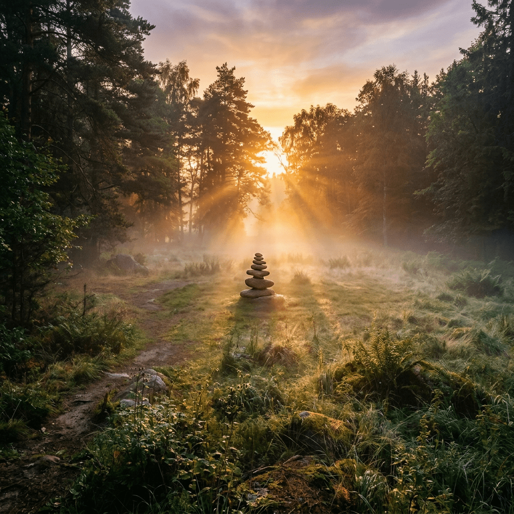 Ancient stone circle surrounded by trees with sunlight streaming through morning mist