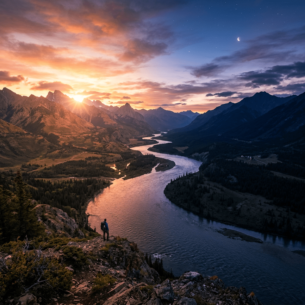 A hiker standing on a rocky cliff overlooking a winding river flowing through a mountainous valley at sunset with colorful skies and a crescent moon.