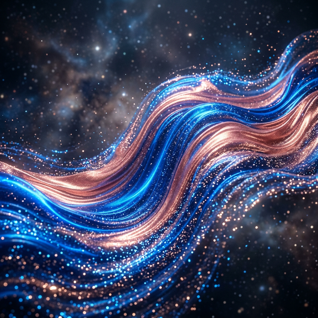 Swirling blue and copper particle waves set against a starry space background