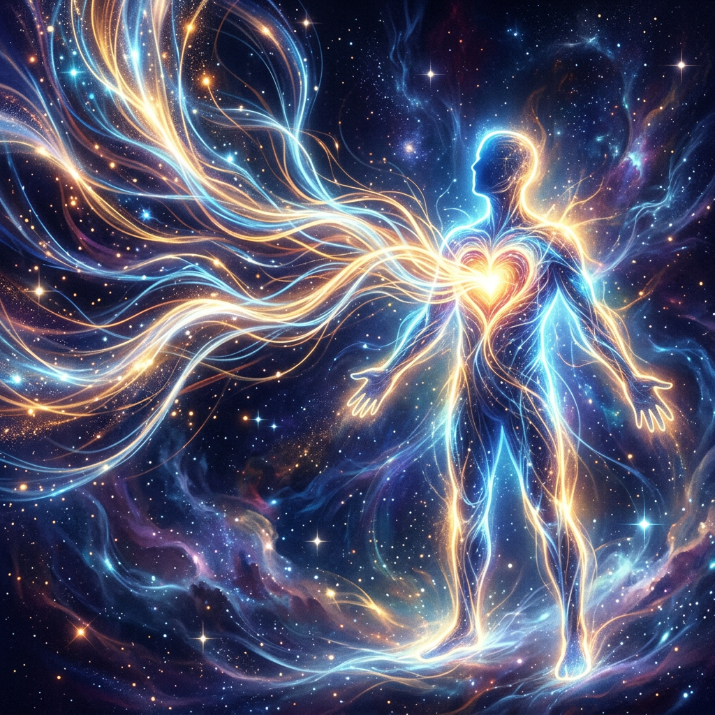 Silhouette of a glowing human figure with flowing light energy against a starry cosmic background