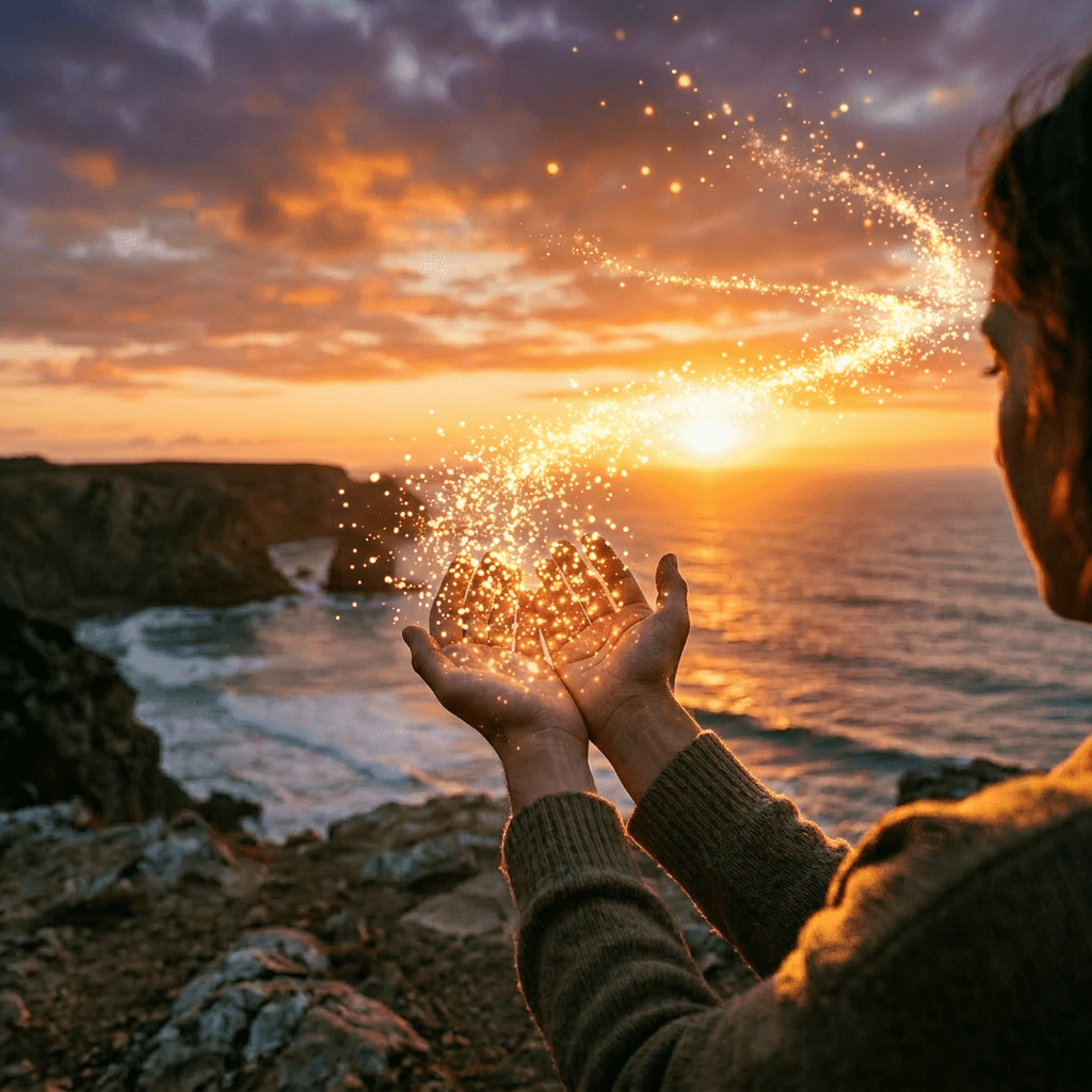 Two pairs of hands holding glowing sparkles with ocean and sunset in the background