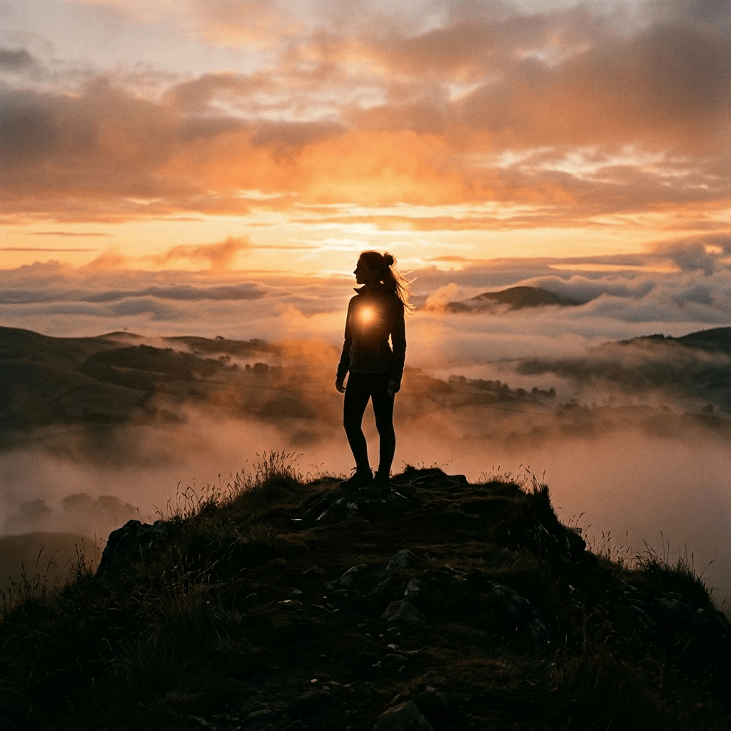 Silhouette of a person standing on a mountain ridge at sunset with clouds below