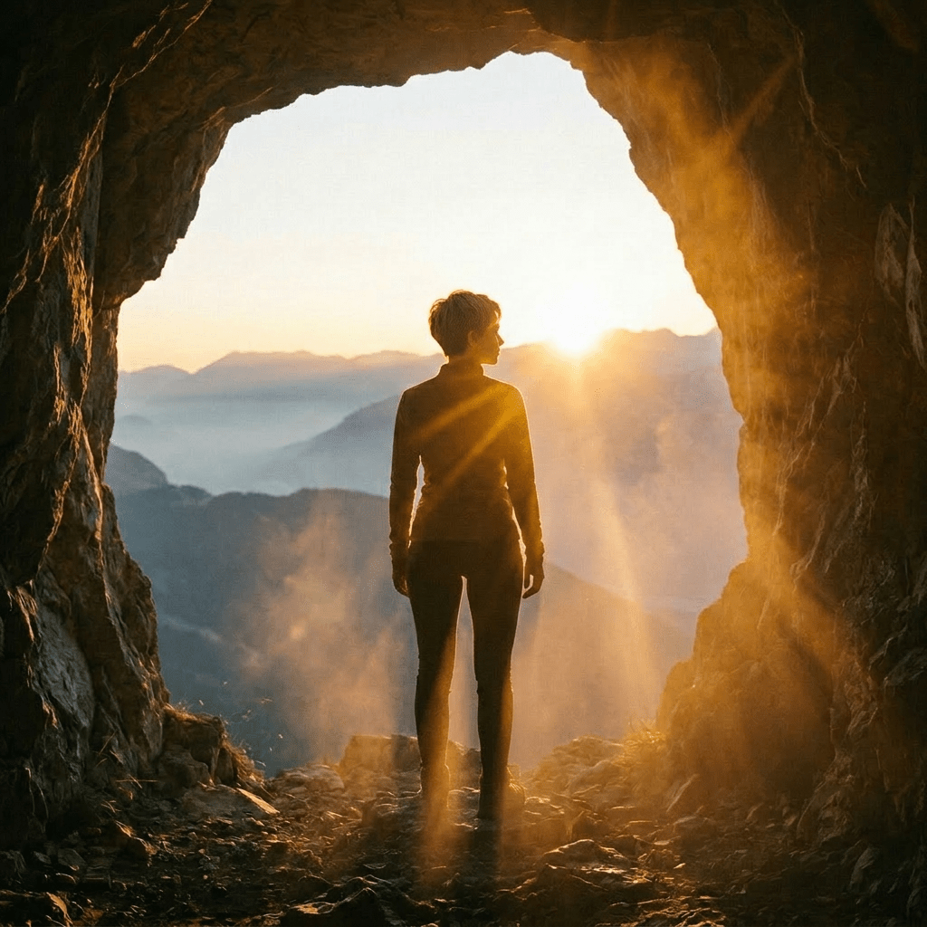 Silhouette of person standing in cave entrance facing sunrise over mountains