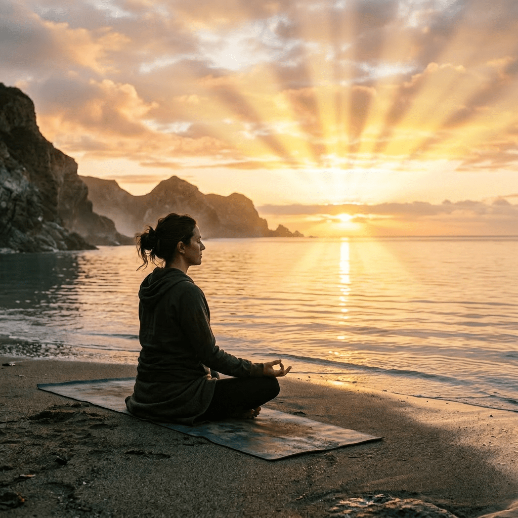 Person meditating cross-legged on a yoga mat on a sandy beach at sunset by rocky cliffs and waves