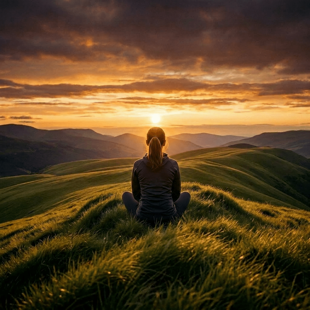 Silhouette of a person standing on a rocky hilltop overlooking a valley at sunset