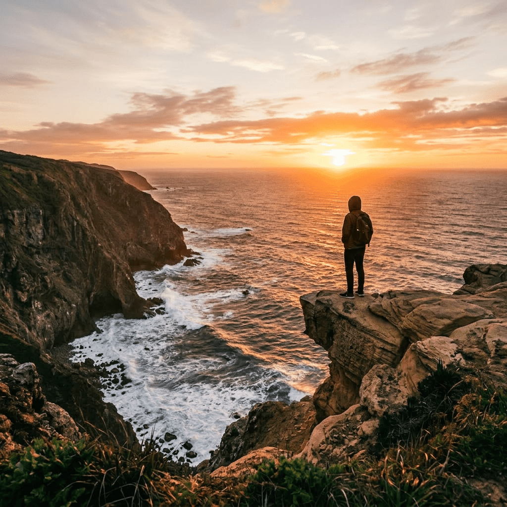 Person standing on rocky cliff overlooking ocean at sunset