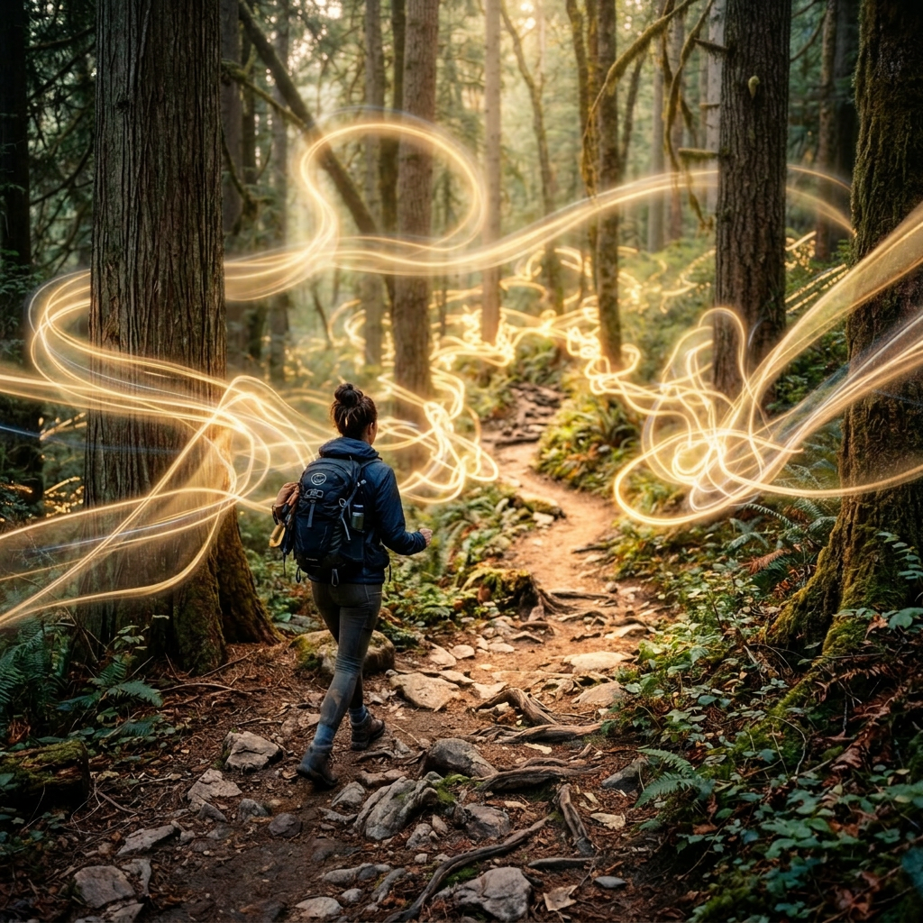 Person hiking on a rocky forest path with glowing light trails weaving through trees