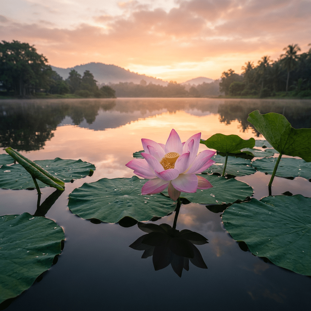Pink lotus flower on green lily pads floating on calm lake water at sunrise