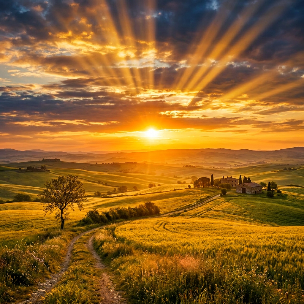 Sunset over rolling Tuscan hills Winding dirt road through green fields under dramatic sunset with sun rays