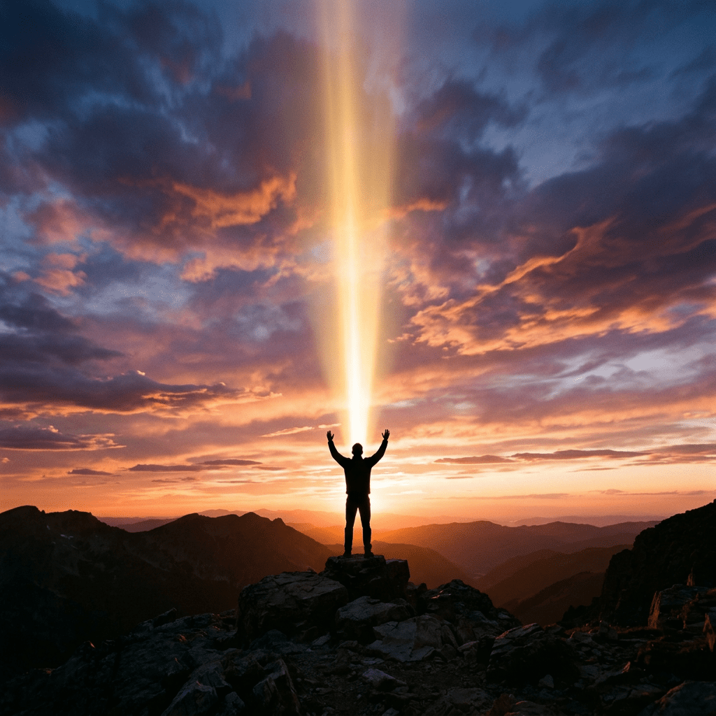 Person standing on rocky mountain with arms raised and beam of light shining down at sunset