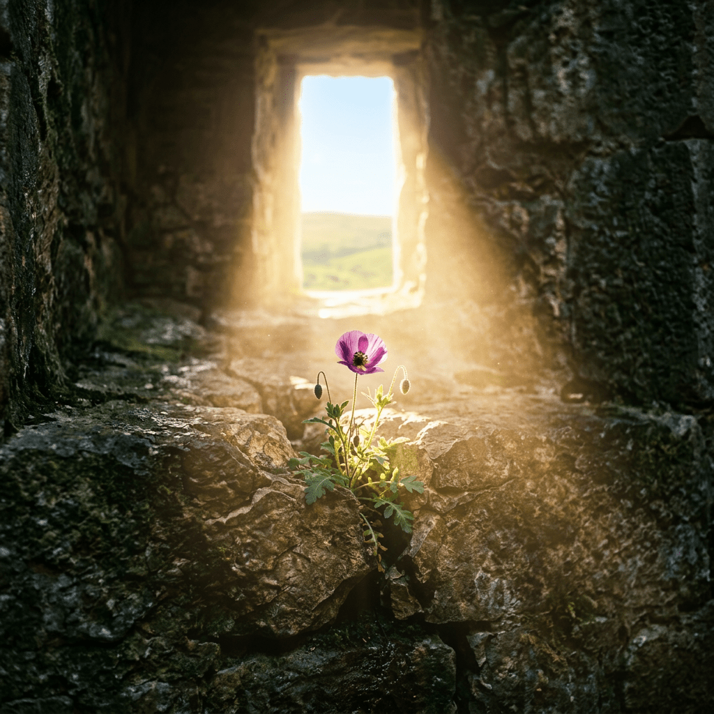 Purple flower growing from rocky crevice illuminated by sunlight beam