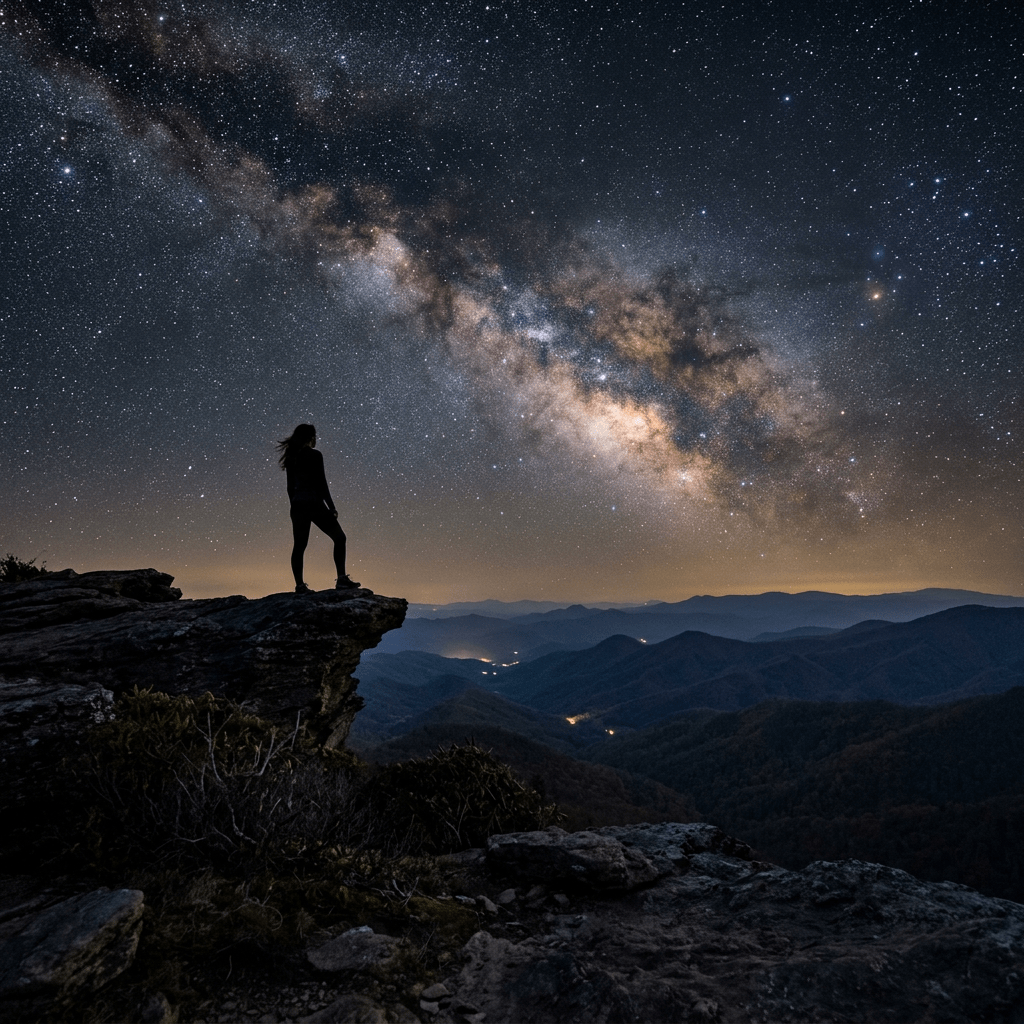 Silhouette of a person standing on a rocky cliff under a star-filled night sky with the Milky Way galaxy visible.