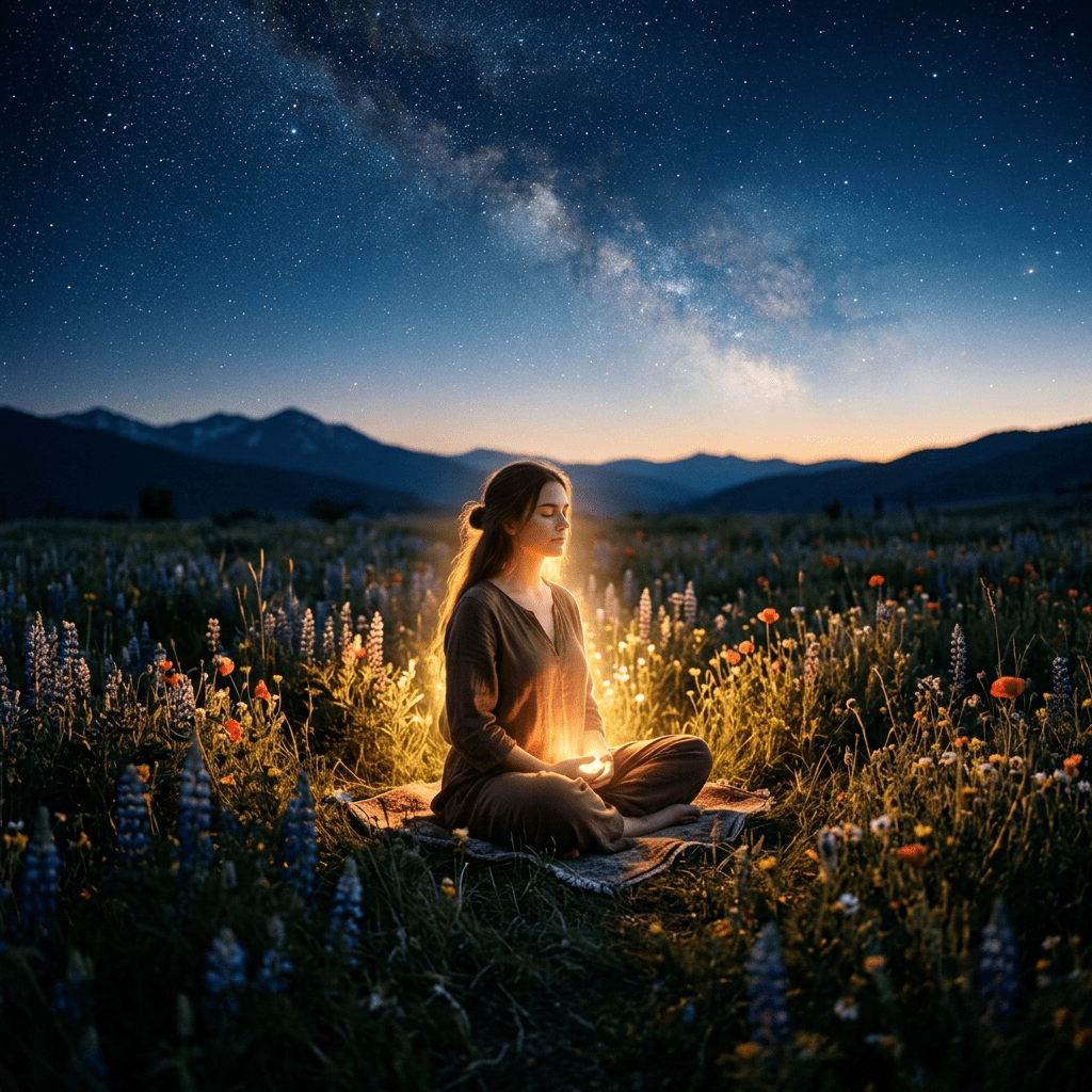 Woman sitting cross-legged meditating in a flower field under a night sky with stars