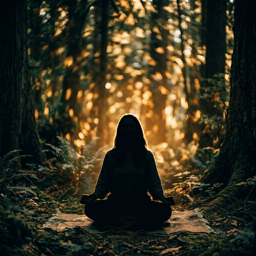 Woman sitting cross-legged on a blanket meditating in a lush forest